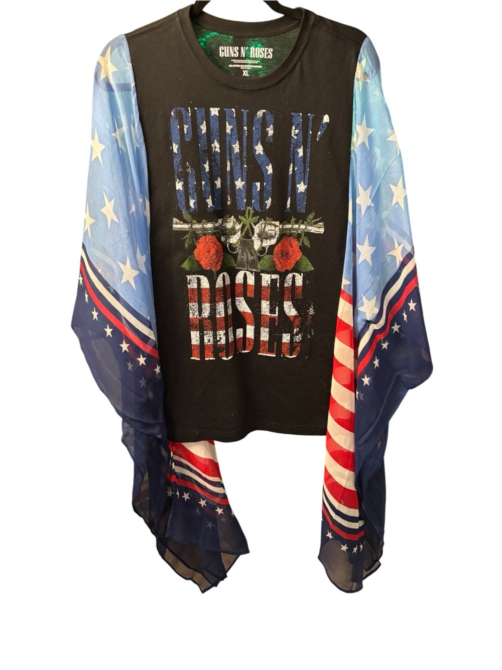 Guns N' Roses Black Graphic Tee with Upcycled Patriotic Sheer Kimono sleeves